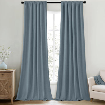 100% Blackout Back Tab Pleat Linen Curtains 50" Wx120 L, Stone Blue