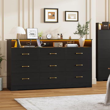 9 Drawer Dresser - 65" Wide Chest of Drawers with LED Light and Charging Station, Modern Large TV Stand Cabinet