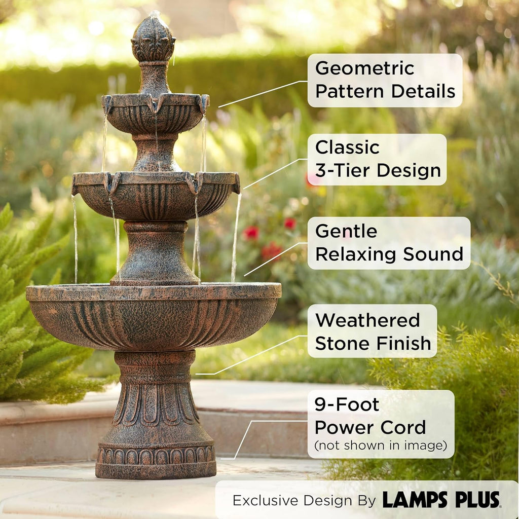 Ravenna 43" High Large Italian Indoor Outdoor Decor Faux Stone Floor Fountain Standing Waterfall 3-Tier Basin Tall