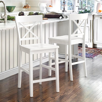 Bar Stools Set of 2, 24" Wooden Barstools with X Back, White
