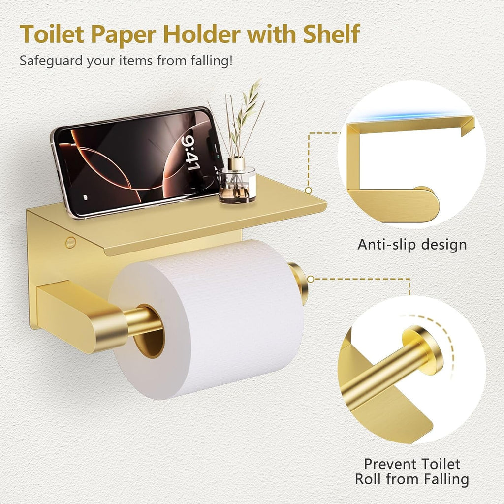 5 Piece Bathroom Hardware Set, Brushed Gold Bathroom Accessories | SUS304 Stainless Steel, 23.6" Brushed Gold Toilet