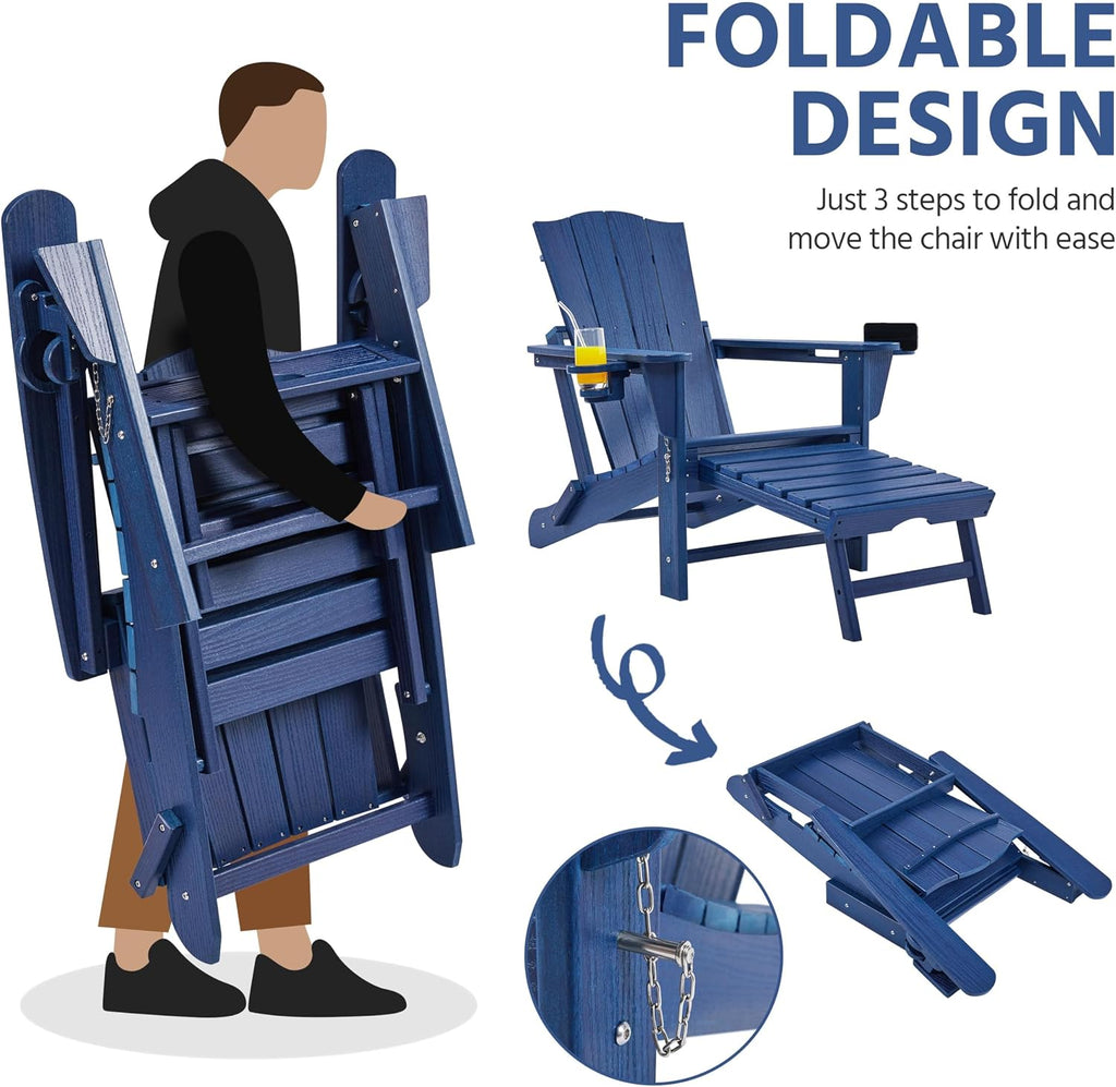 Adirondack Chairs 1pcs Outdoor Folding Set with Ottoman,Navy Blue | All-weather patio fire pit seating with