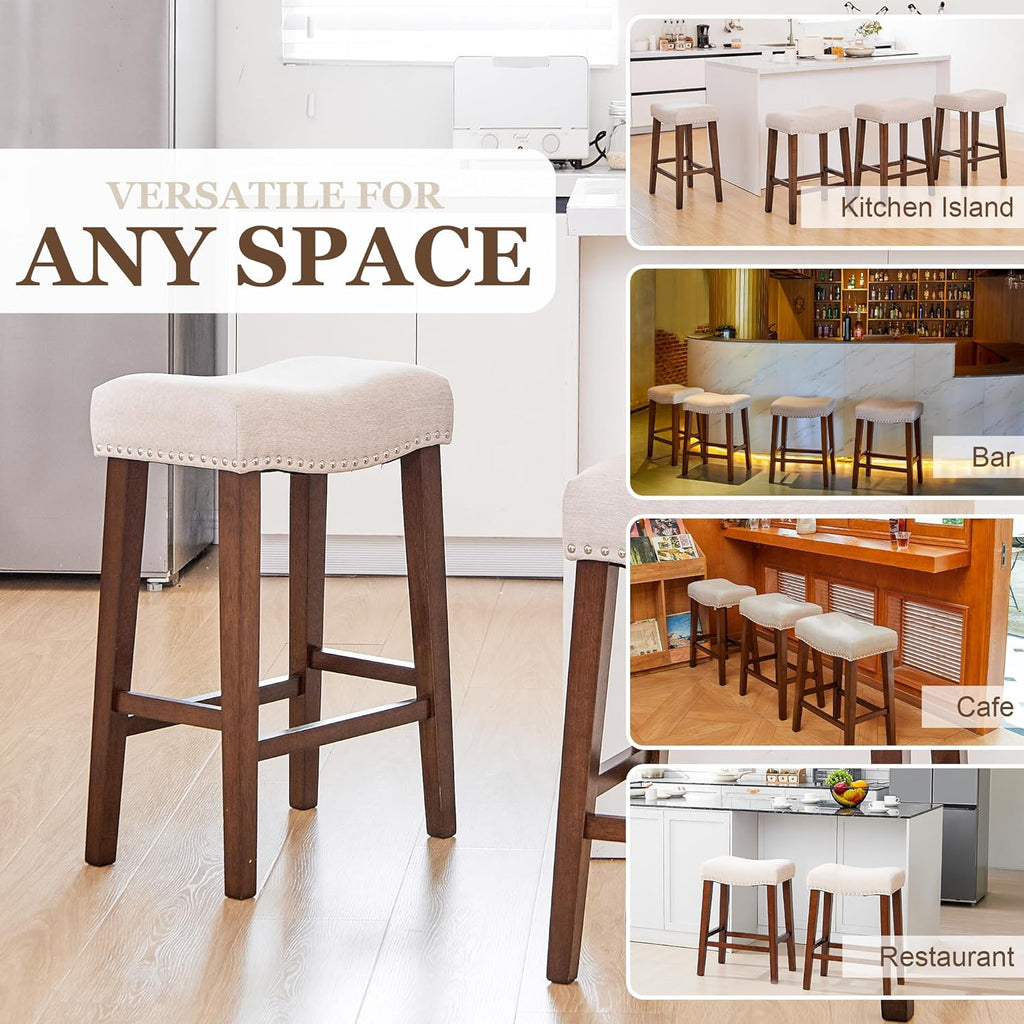 Counter Height Bar Stools Set of 3-26 Inch Backless Saddle Barstools with 4.3" Thick Upholstered, Nailhead Trim Linen