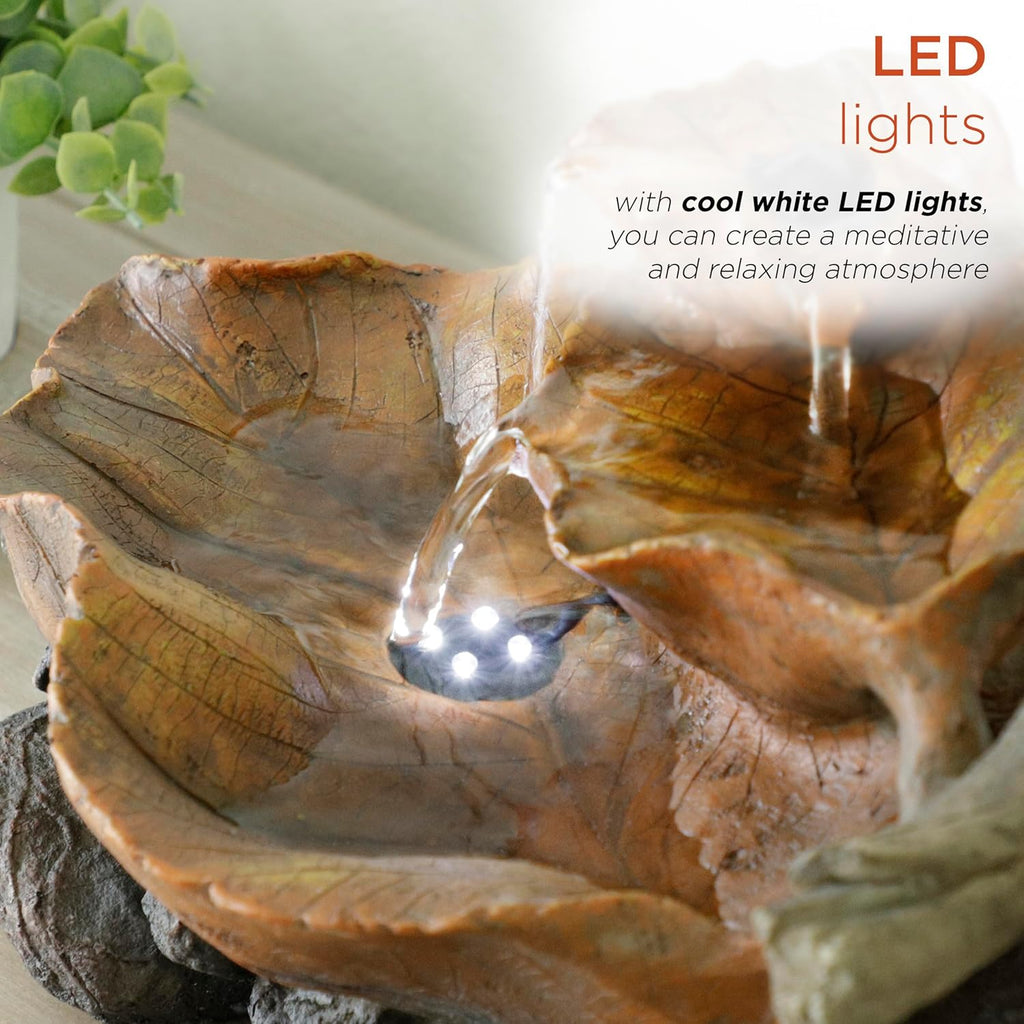 9" Tall Indoor Tabletop Tiered Leaf Hand-Painted Fountain with LED Lights
