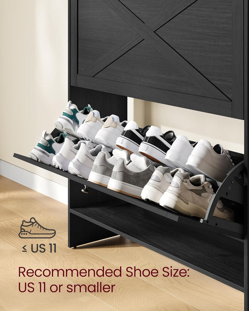 Shoe Storage Cabinet Organizer with 2 Flip Drawers, Freestanding Narrow Shoe Rack Cabinet , Farmhouse Style, Fits 14