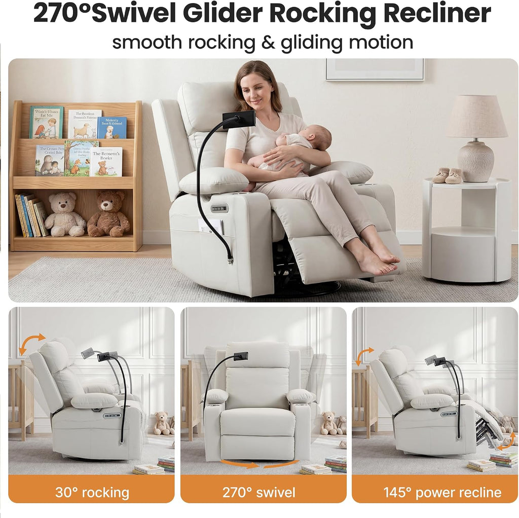 Rocking Chair Nursery with Adjustable Armrests,Power Recliner Chair, Beige | Glider Rocker with Adjustable Headrest