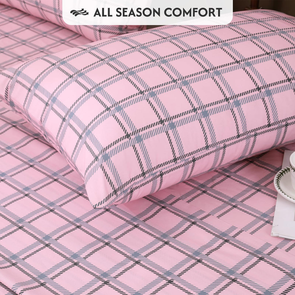 100% Percale Cotton King Sheet Set, Pink Gingham Cotton Sheets 4PC
