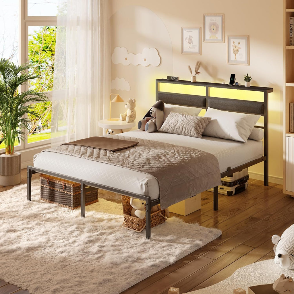 Full Bed Frame with Headboard, Bed Frame Full with LED Light and Charging Station