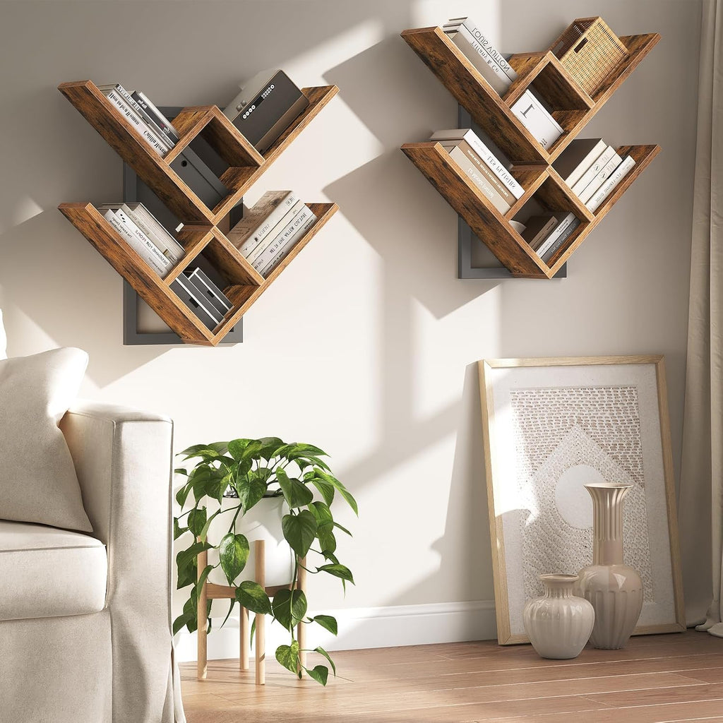 Floating Shelves for Wall, Set of 2 Wall Mounted Shelves, 2-Tier Wooden Tree Bookshelf, Hanging Shelves Storage Rack