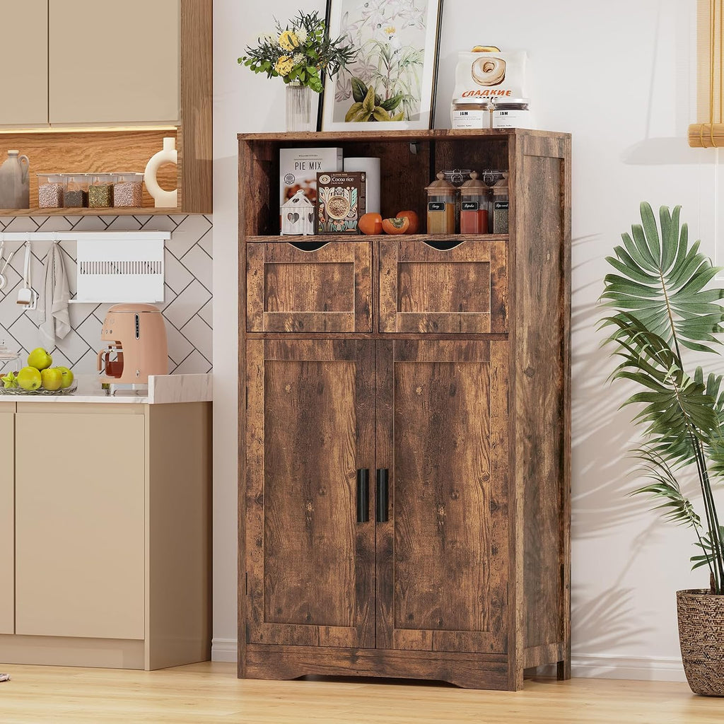 Storage Cabinet with 2 Drawers & Adjustable Shelves, Cupboard, Floor Cabinet , Rustic Brown