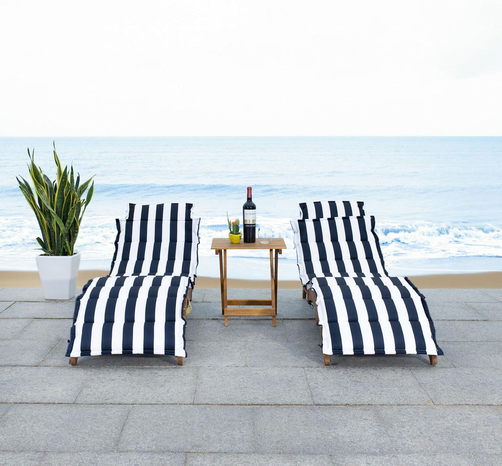 Outdoor Collection Pacifica Natural Brown Solid Wood/Navy & White Stripe Cushion 3-Piece Chaise Lounge Set with Table