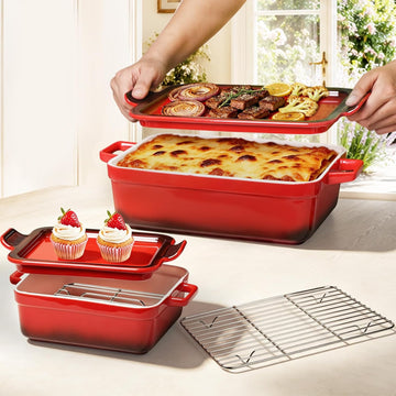 Ceramic Casserole Dish with Lid 6 Pcs, 2-in-1 Dish Set Stoneware Dishes for Oven, (13"x8"+8"x6"), 3.06Qt & 0.95Qt