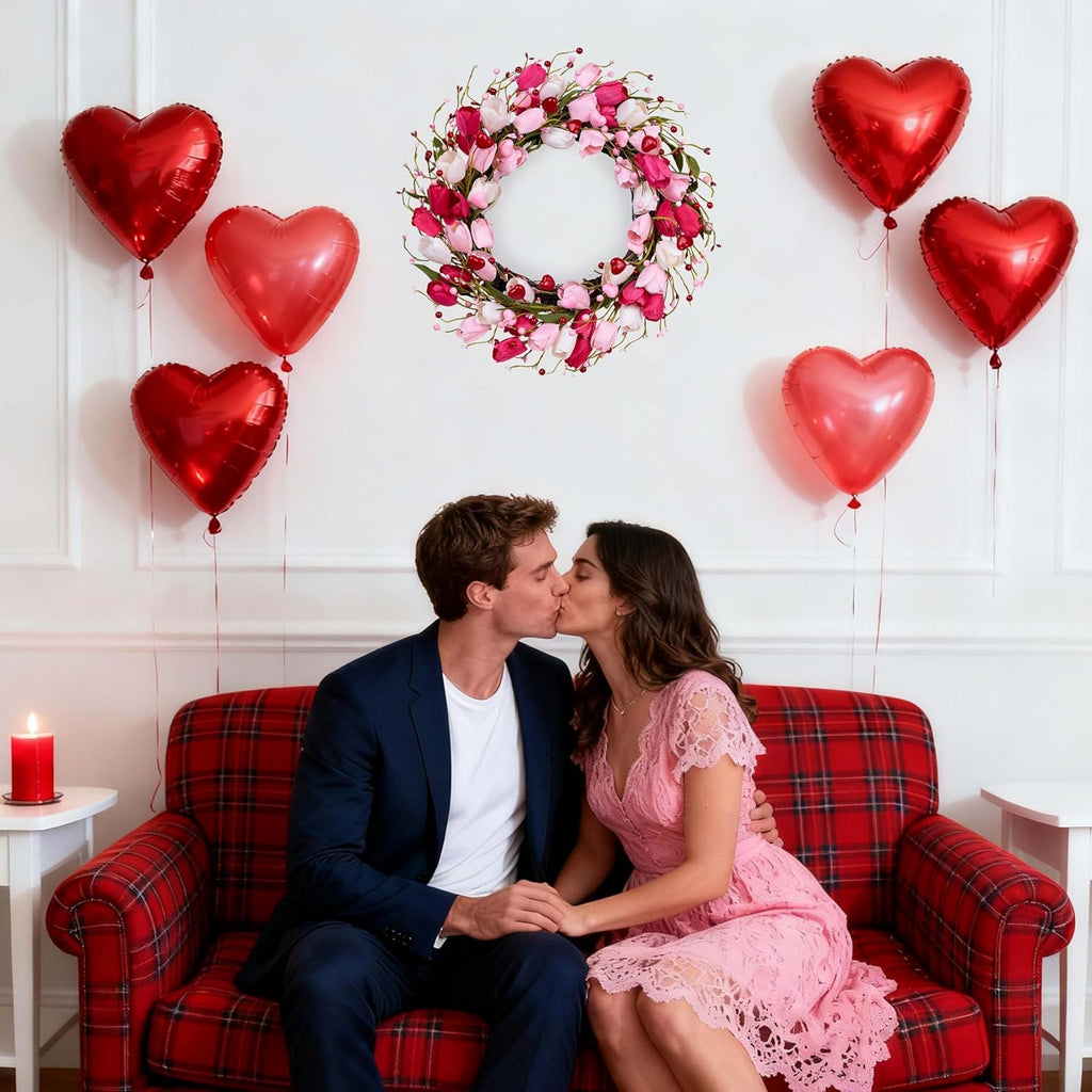 Valentines Day Decorations 20 Inch Valentine's Day Wreath Pink Valentine Wreaths for Front Door with Red Love Heart