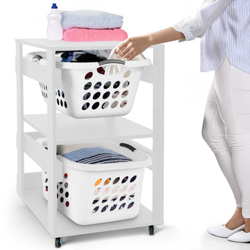Laundry Basket Holder Shelf, Stackable Laundry Sorter, White, 2 Tier