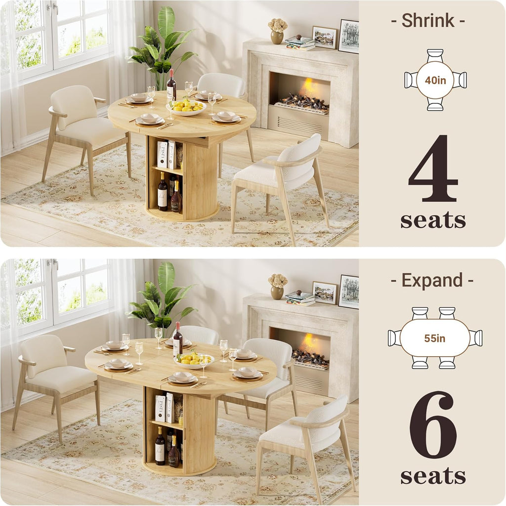40-55in Extendable Round Dining Table for 4 - 6, Modern Oval Dining Table, Multi-Use Kitchen Table with Removable