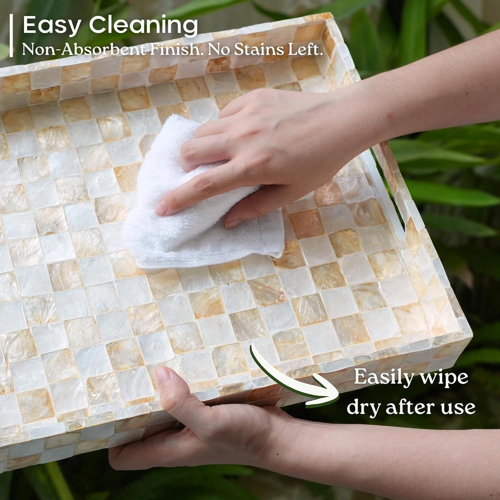 15.8" x 11.8" Rectangle Serving Tray with Handles, Capiz Shells Checkered Rectangular Tray for Ottoman Table, Mother
