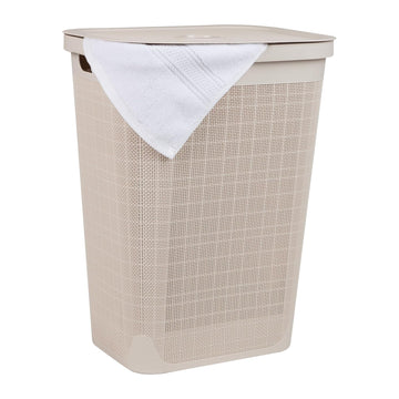 60L Slim Laundry Hamper, Clothes Basket, Lid, Linen Design, Plastic, Ivory