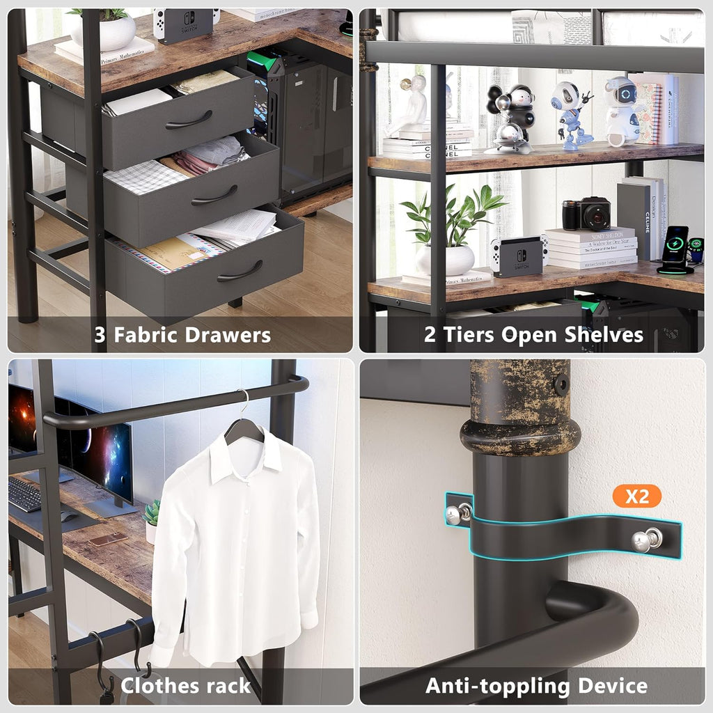 Twin Loft Bed with L-Shaped Desk, LED Lights,Charging Station