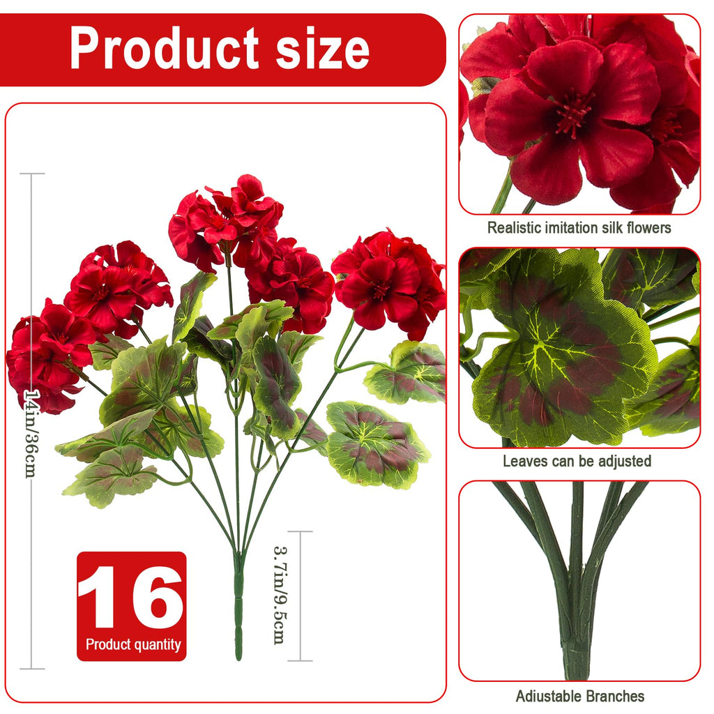 16 Pcs Artificial Geraniums for Outdoor Christmas Decor, Red