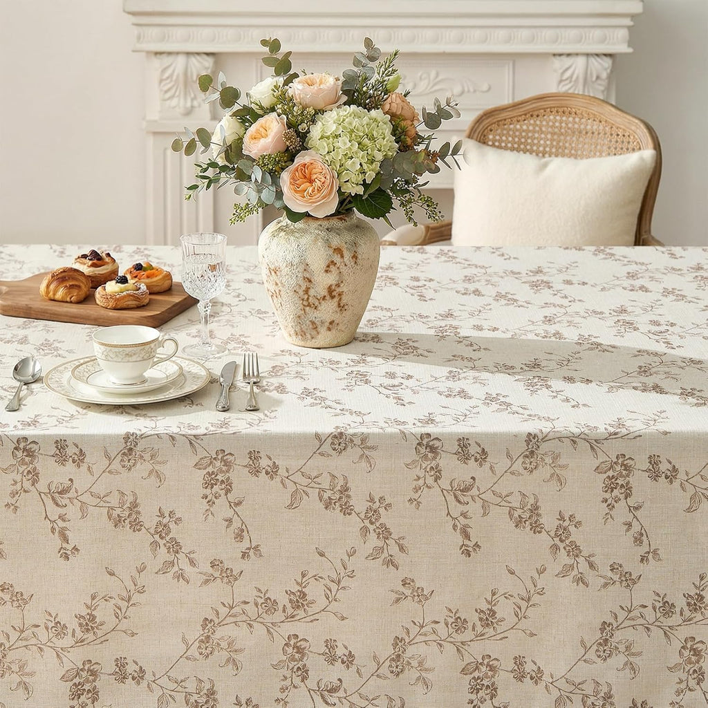 Rectangle Tablecloth - 52 x 70 Inch - Beige Linen Table Cloth - Farmhouse Floral Print Washable Tabl