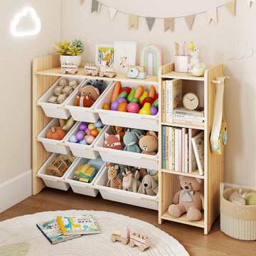 Toy Storage Organizer with Bookshelf, Kids Toy Storage and Organizers with 3 Shelves/9 Bins/3 Hooks, Bin Shelf, Toy