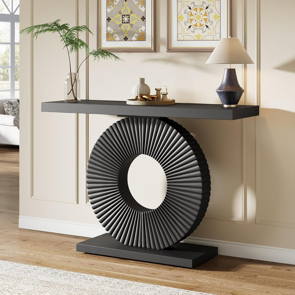 Modern Entryway Console Table, 39 inch Wooden Narrow Sofa Table Behind Couch with Geometric Base, Contemporary Accent