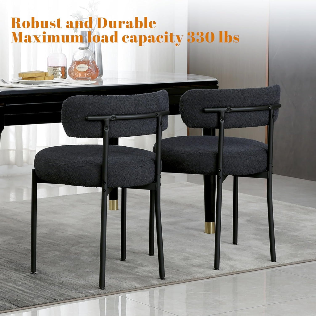Black Boucle Dining Chairs Set of 2, Mid Century Modern Kitchen Chairs with Curved Backrest and Metal Legs