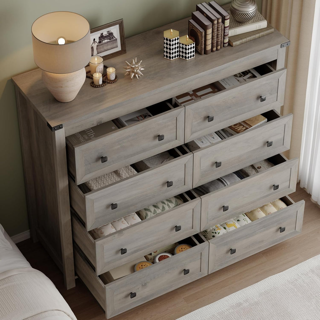 Tall 8-Drawer Dresser, Modern Wooden Storage Chest of Drawers, Dresser TV Stand, Wood Drawer Organizer with Metal
