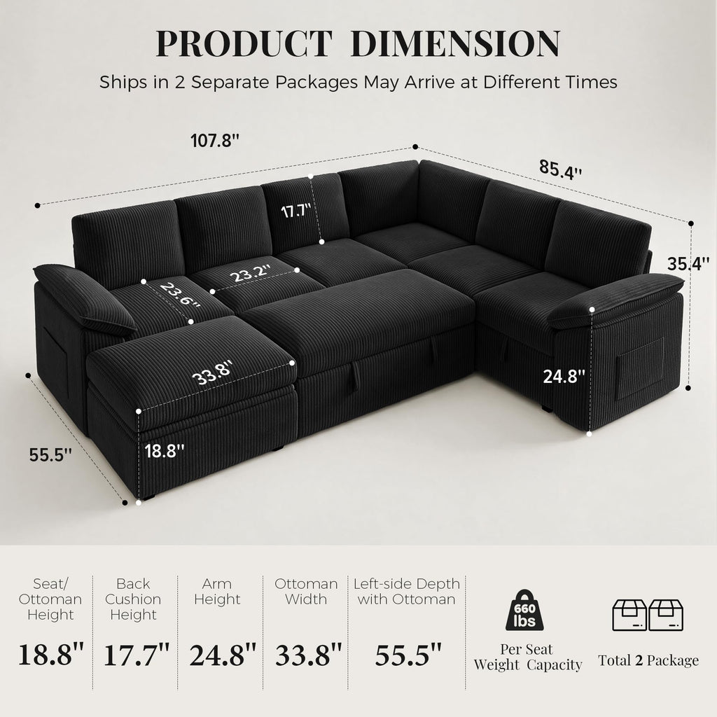 108'' Sectional Couches, Sectional Sleeper, Black