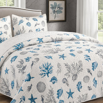 Coastal Blue Quilt Set, Coral Fish Starfish and Seashell Bedspread with 1 Pillow Sham, 68 x 88 Inches
