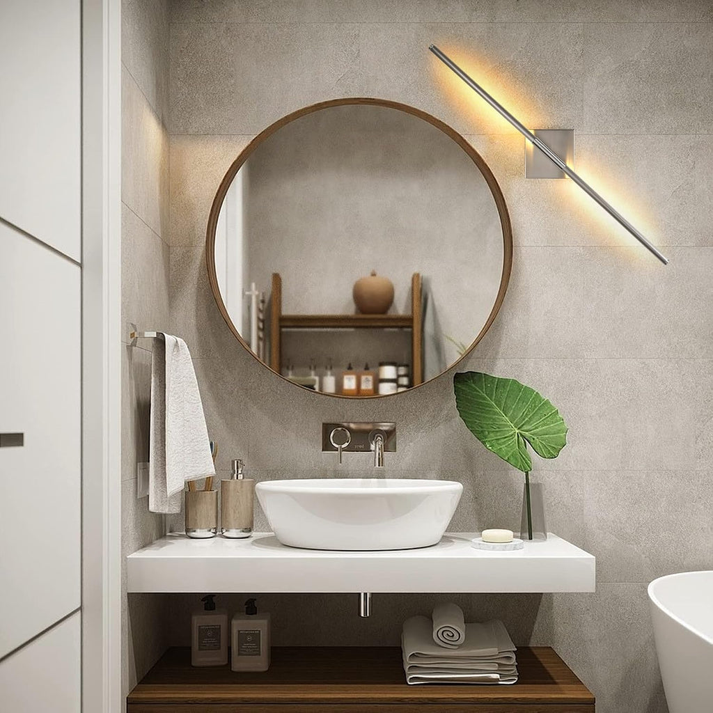 Modern Minimalist LED Bathroom Sconce, Brushed Nickel, 27.8" x 4.3" x 3.4"