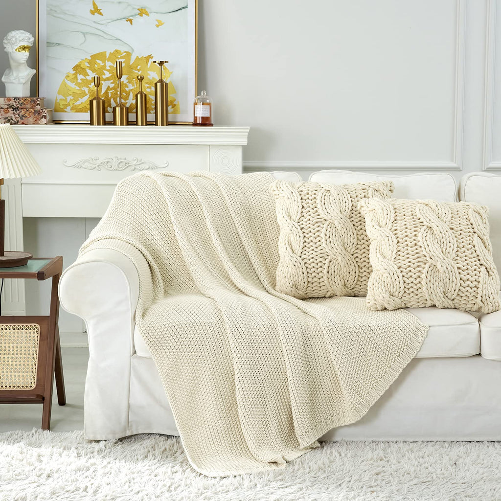 Chunky Cable Knit Throw Blanket Lightweight Cream 100% Organic Cotton Blanket for Sofa Couch Bed Baby Nursery, Rustic
