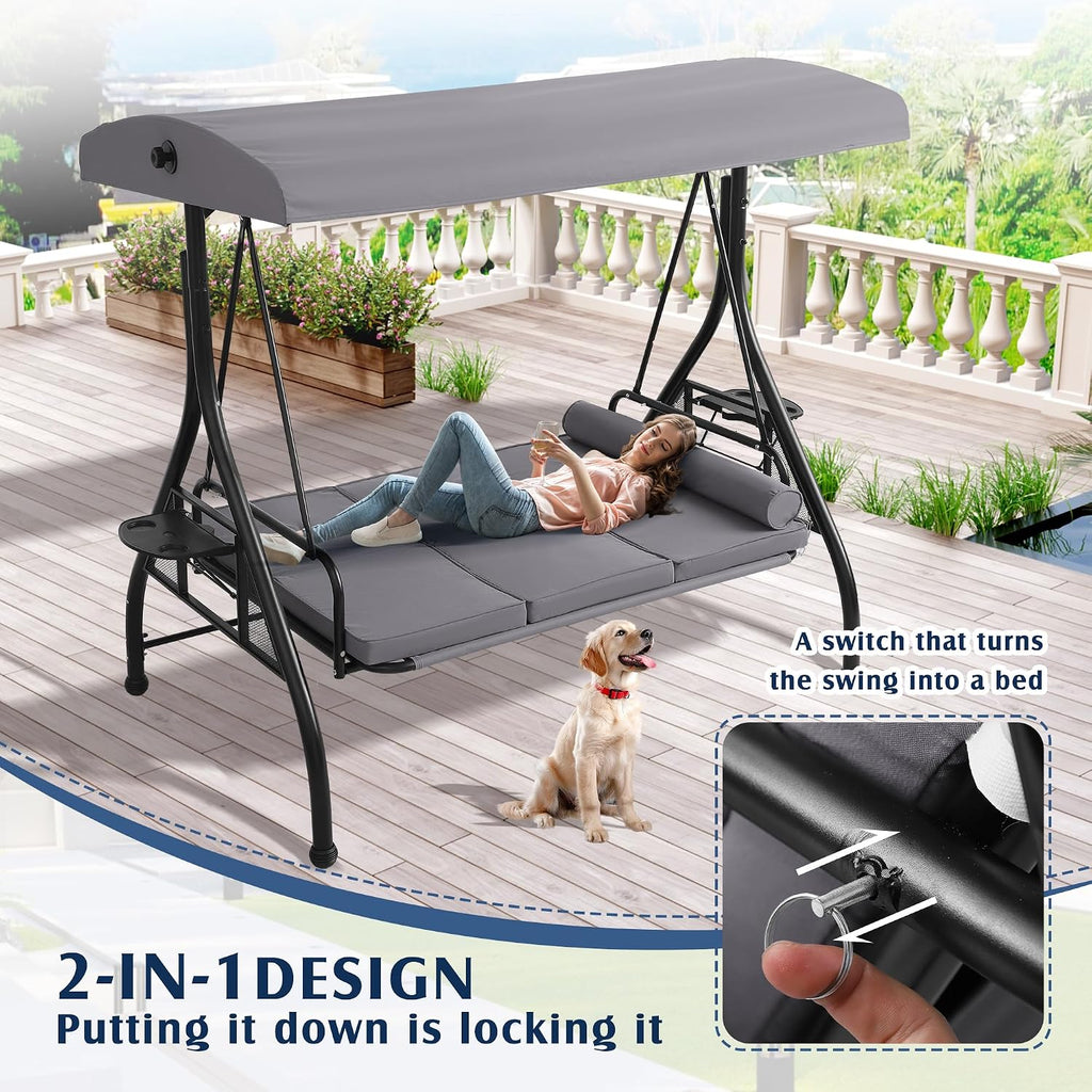 Outdoor Porch Swing with Canopy and Stand, 3 Person Patio Swing for Adults, Convertible 2 in 1 Porch Bed Swing with
