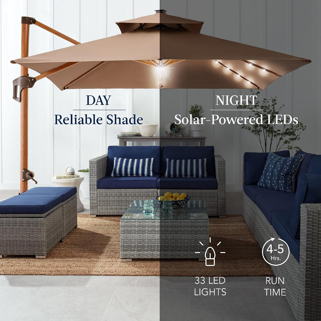 10ft Square Cantilever Patio Umbrella w/Base Included, Woodgrain Pattern Pole & Solar LED Lights, 360-Rotation