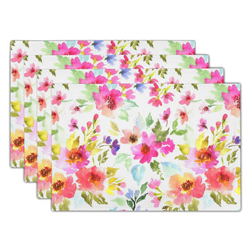 Spring Summer Floral Placemats Set of 6 18x12 Inch Watercolor Flowers Colorful Linen Place Mat Heat-Resistant