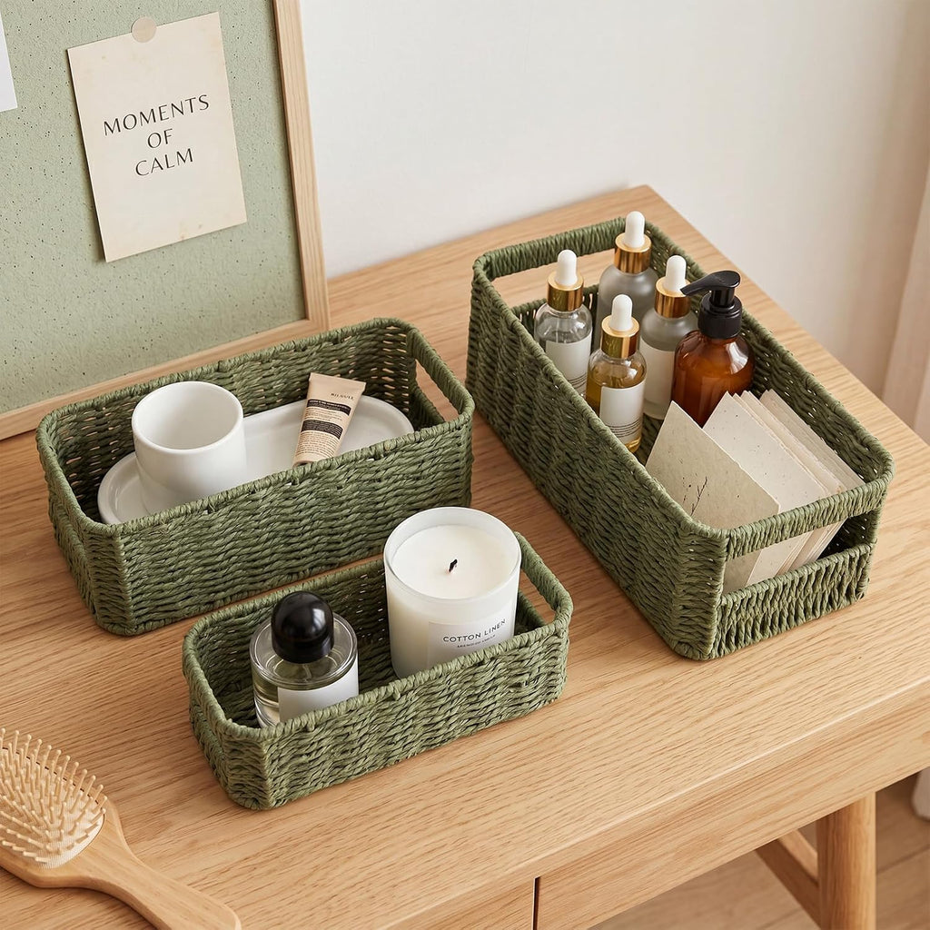3 Set Wicker Storage Baskets for Organizing Paper Rope Baskets for Shelves Woven Decorative Organizer Basket with