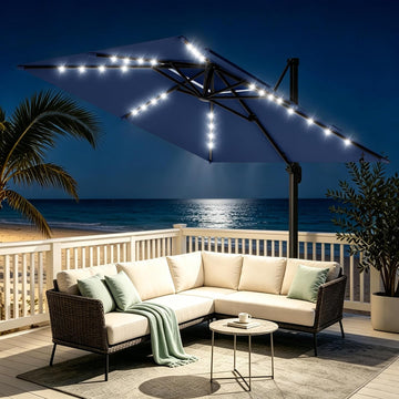 11×11FT Solar LED Cantilever Umbrella, Double-Top Outdoor Patio Offset with 360 Degree Rotation