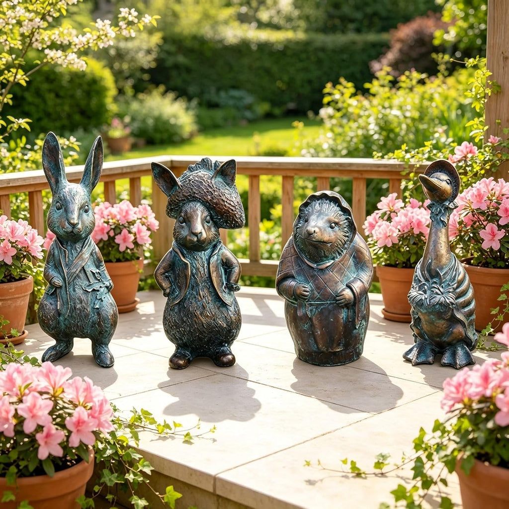 4-Piece Faux Bronze Resin Animal Statue Set Garden Decor Gift | Ideal gift set for garden lovers, housewarming
