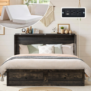 Queen Black Oak Murphy Bed with 6" Tri-Fold Memory Foam Mattress