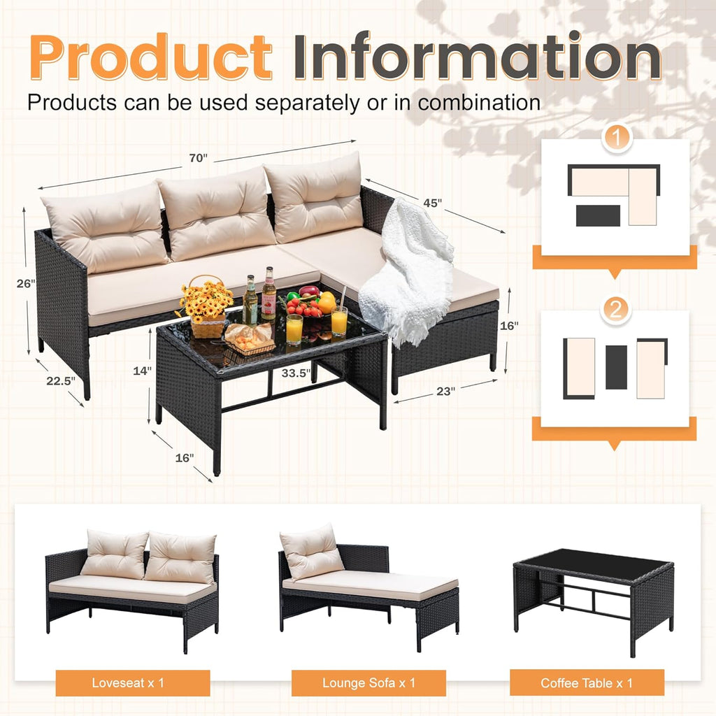 Outdoor Patio Furniture 3-Piece Rattan Waterproof Outdoor Sectional Sofa All-Weather L Shaped Patio Couch with Cushion