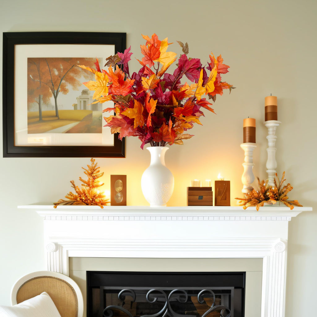 Artificial Fall Maple Leaves Stem, 21.6" Fake Branches, 6PCS