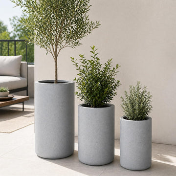 Set of 3 Tall Cylinder Polystone Indoor/Outdoor Planters, Gray
