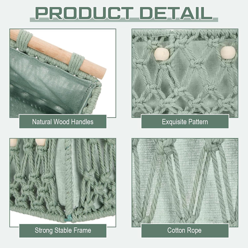 4 Pcs Sage Green Macrame Storage Basket for Shelves 13" 11" Boho Storage Basket Hand Woven Boxes with Wood Handles