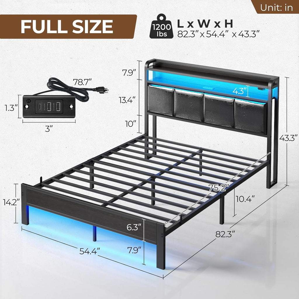 Bed Frame Full with Charging Station and LED Lights, PU Leather Headboard with Storage Shelves, Heavy Duty Metal Slats