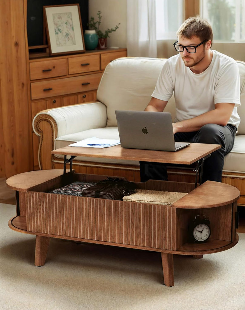 Oval Lift Top Coffee Table with Storage, 47.2" Mid Century Modern Living Room Center Table with 180° Sliding Tambour