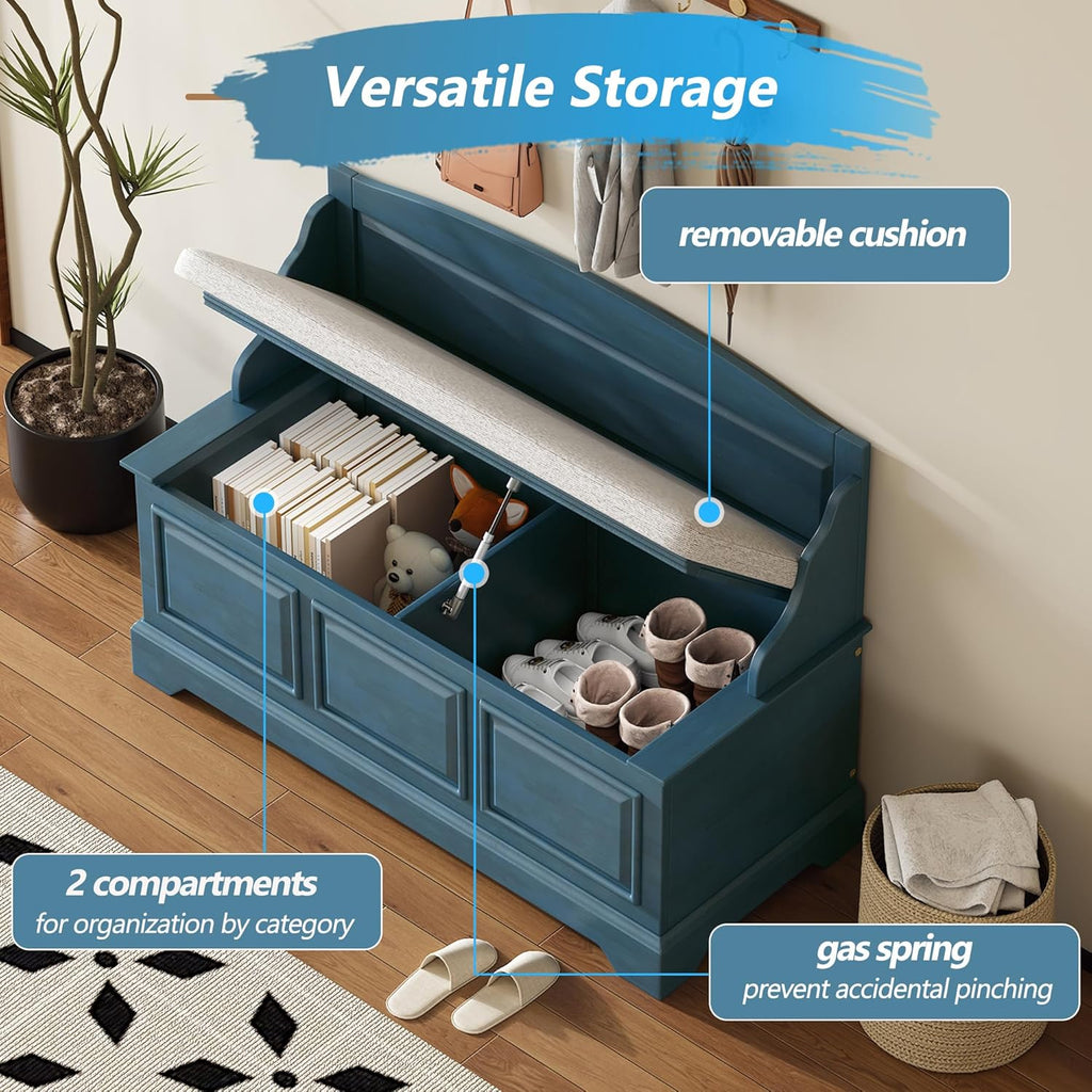 Rustic Entry Storage Bench with Hidden Compartments and Removable Cushion, Wooden Entryway Hallway Foyer Shoe Bench