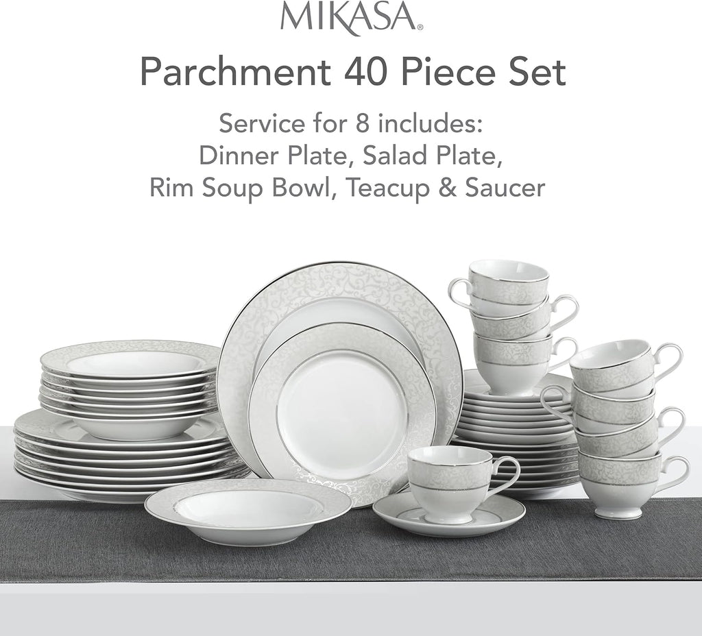 Parchment 40-Piece Dinnerware Set, Service for 8, Durable Porcelain Plates, Bowls, and Mugs with Contemporary Design