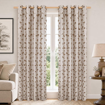 Brown Linen Curtains, Fall Boho Jacquard Leaf Botanical Pattern with Pom Pom Elegant Luxury Soft Farmhouse Vintage