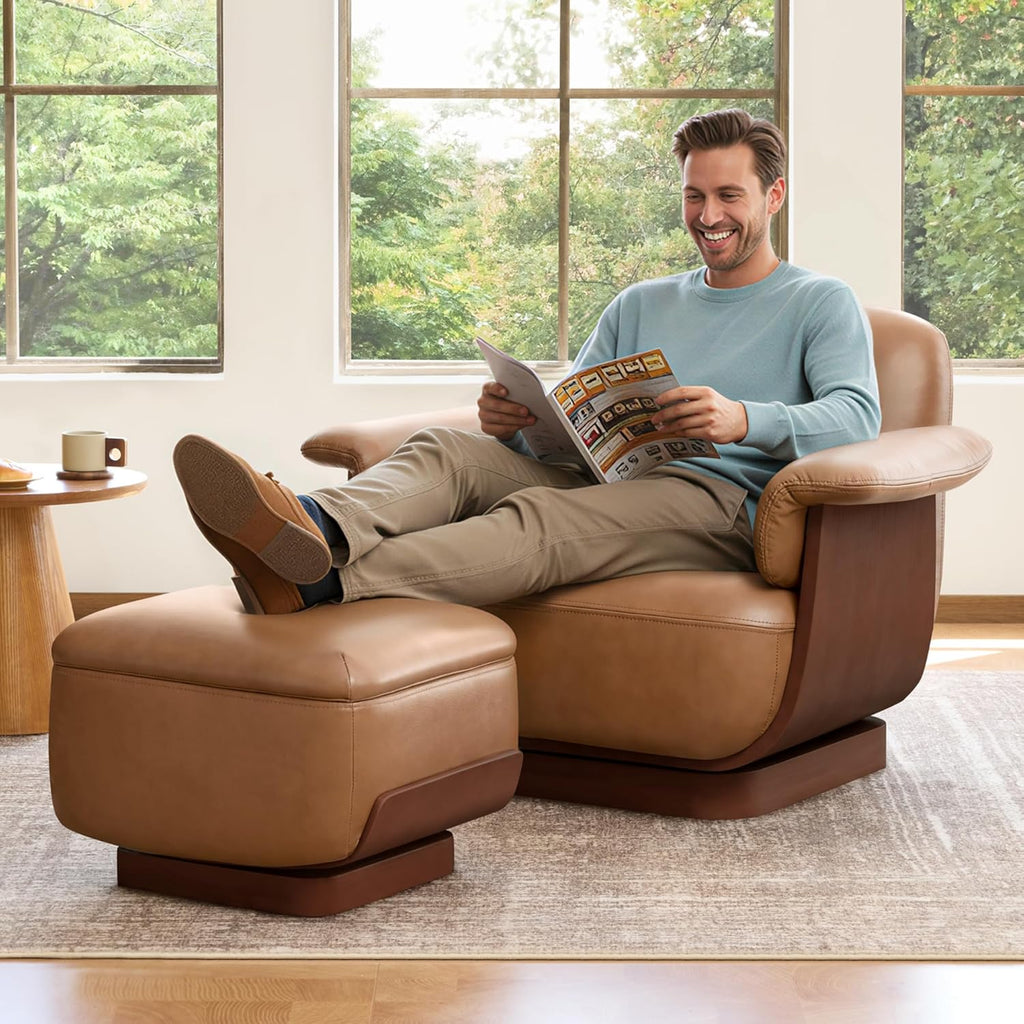 Modern Swivel Lounge Chair — Saddle Genuine Leather