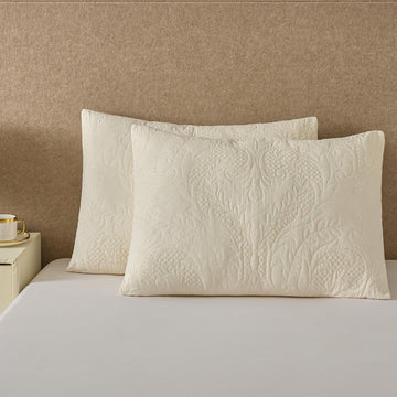 Quilted Pillow Shams Damask Ivory King Set of 2 Embroidered Cotton Cream